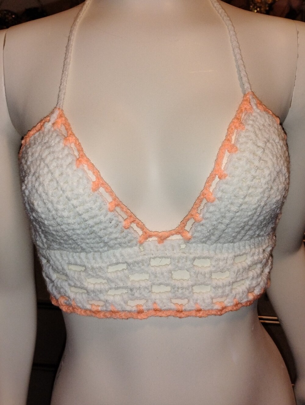 White Crochet Halter Crop Top with Peach Trim - Women's Crop Top